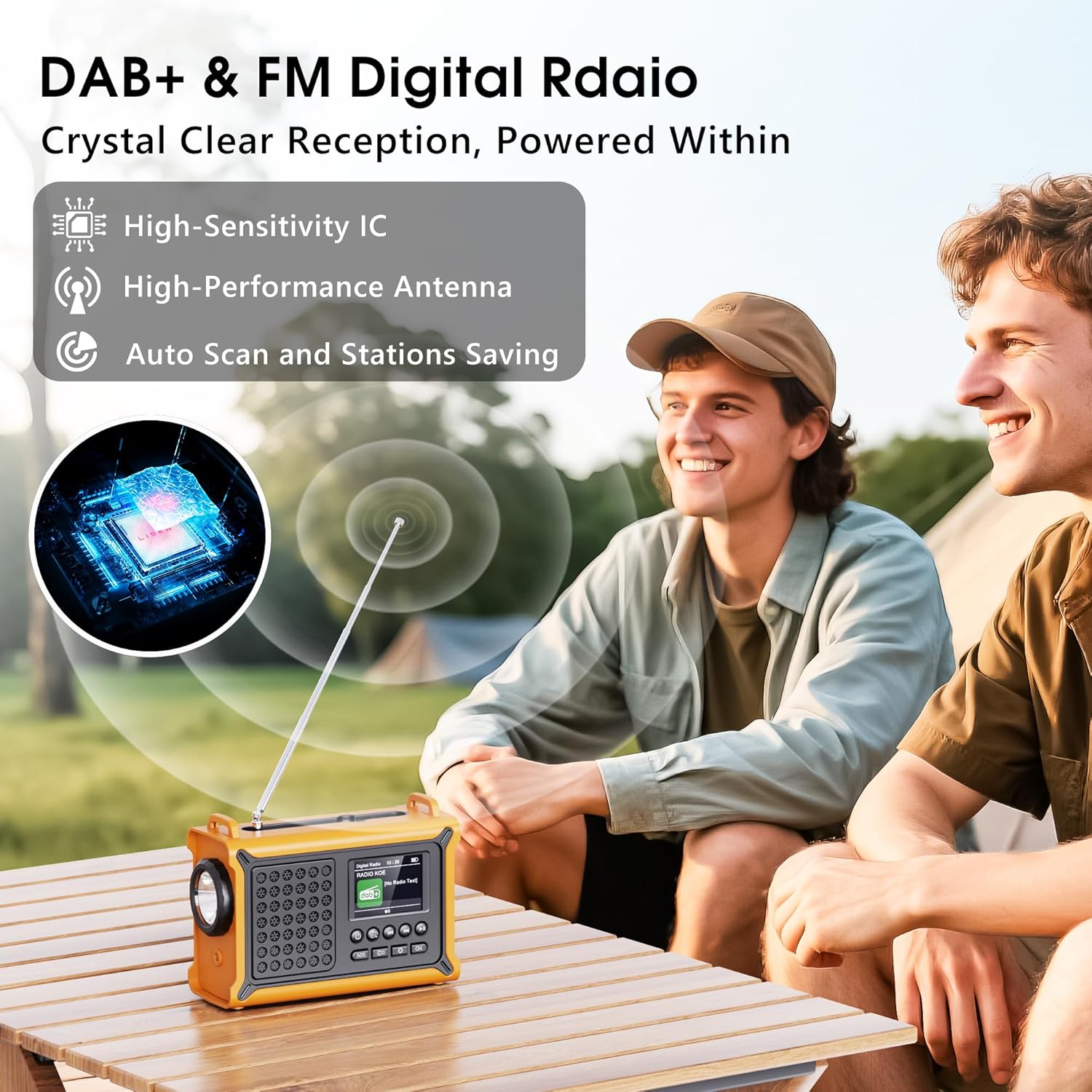Tragbares Kurbelradio DAB+ UKW mit Solar, 12000mAh Powerbank, Bluetooth, SOS, LE