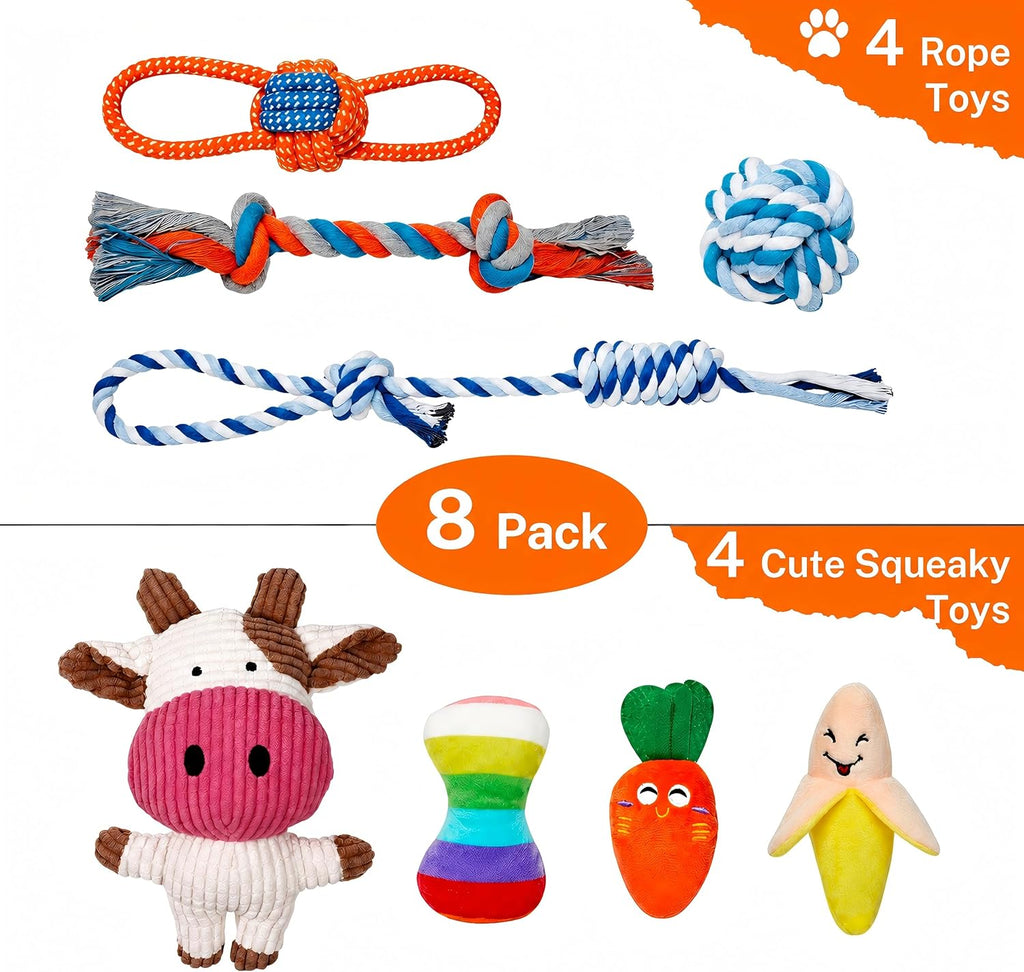 Hundespielzeug Set 7 Teile Kauspielzeug Quietschspielzeug Kuh für Welpen