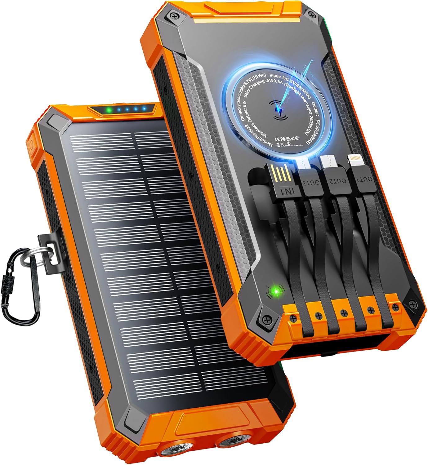 Solar Powerbank 26800 mAh, Wireless 15W, USB‑C Ein/Aus, integrierte 4 Kabel, Tas