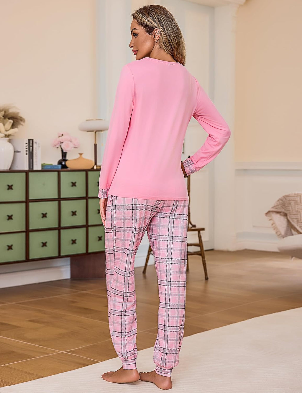 Litherday Damen Schlafanzug lang Baumwolle kariert mit Tasche S-XXL