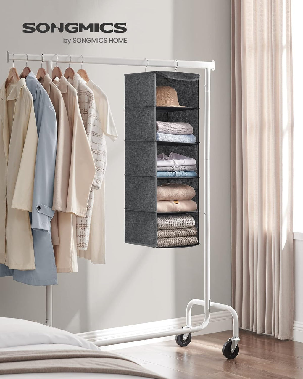 SONGMICS Haengeorganizer 4 Faecher faltbar Kleiderschrank Regal Hellgrau