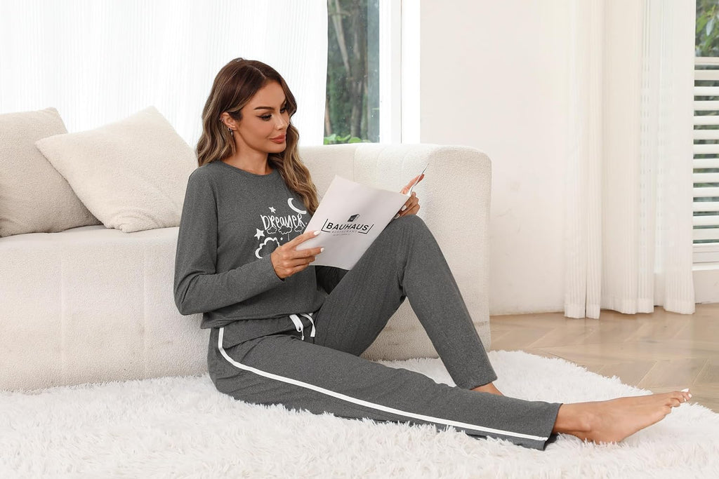 Damen Schlafanzug lang Baumwolle Pyjama Set mit Print und Taschen S-XXL