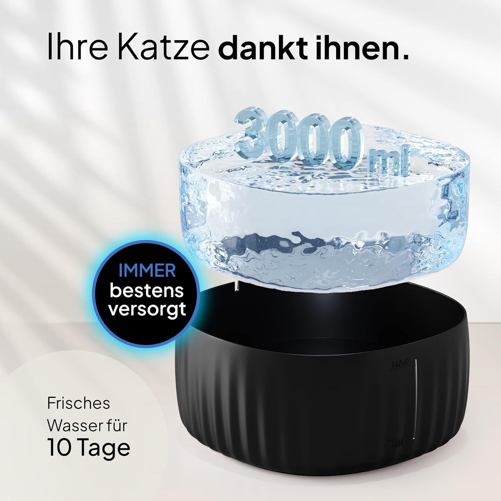 PrettyPaw Katzenbrunnen 3L leise BPA-frei mit LED und Aktivkohlefilter Schwarz
