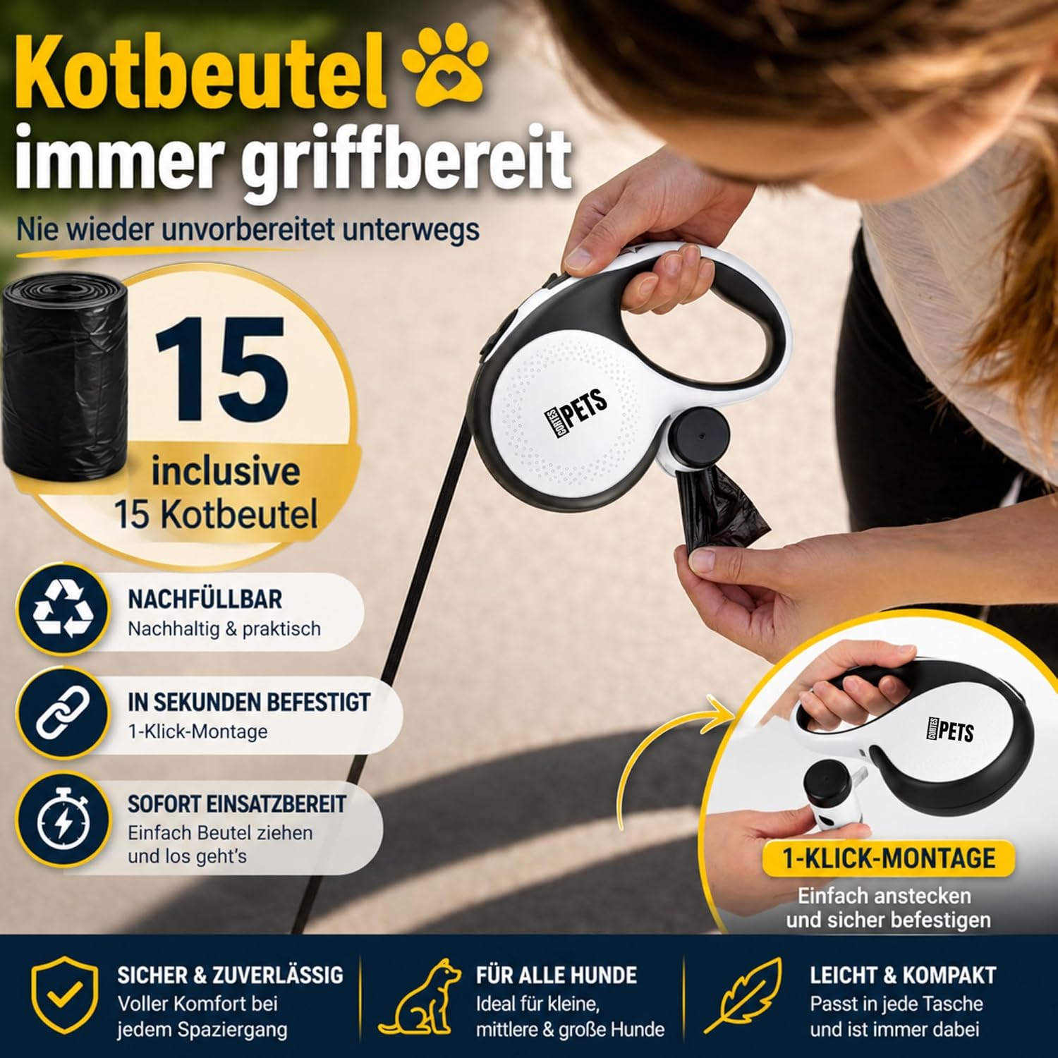 CORTESPETS Rollleine 5m fuer Hunde bis mit Kotbeutel Weiss