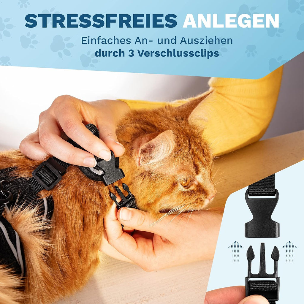 Katzengeschirr verstellbar mit Leine XS-S Schwarz Ausbruchsicher Spaziergang