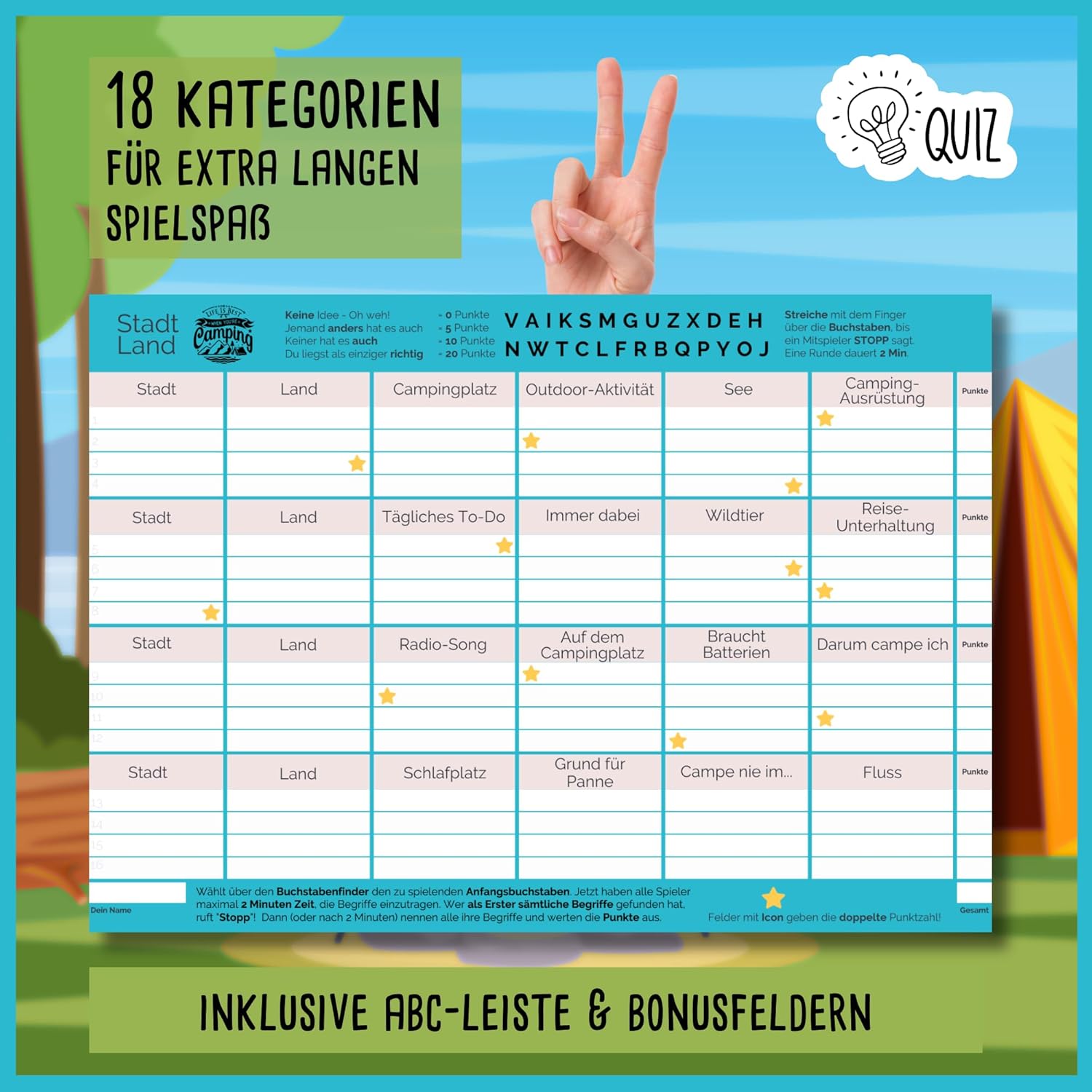 snaPmee Stadt Land Camping Spiel - 50 Blatt DIN A4 Spielvorlagen