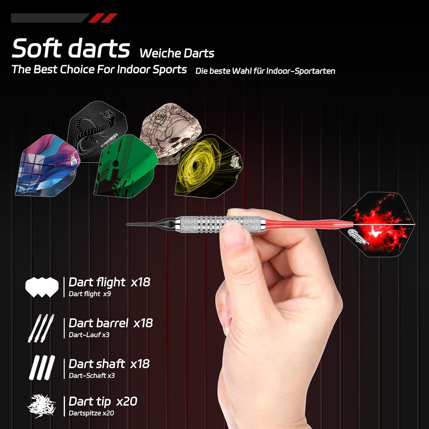Cyeelife Softdart Pfeile 18 Stueck Kunststoffspitze Set Profi Softdarts