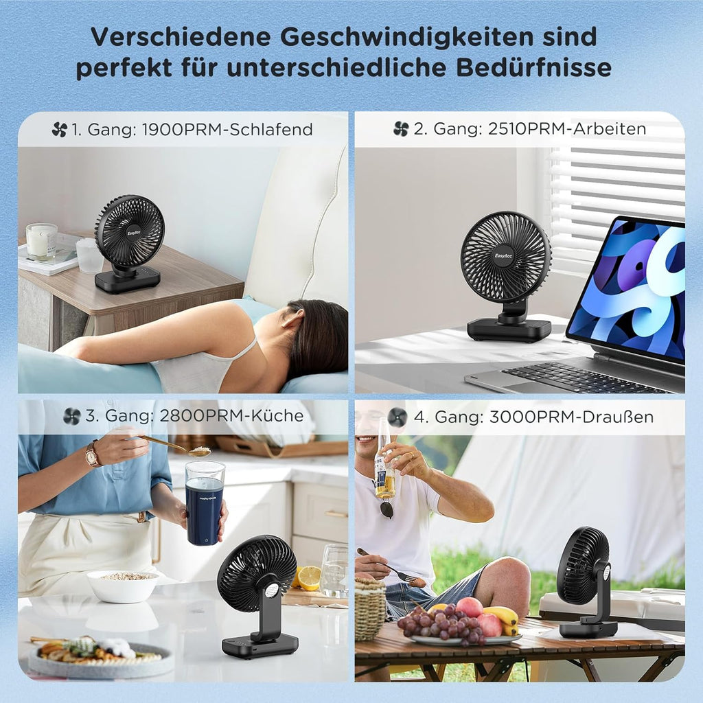 EasyAcc Tischventilator USB Akku 4000 mAh, tragbar, 4 Stufen, schwarz