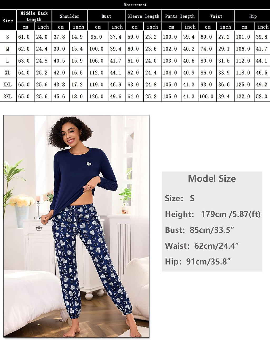 Damen Schlafanzug lang Baumwolle Winter Pyjama Set Herz‑Print Tasche S-XXL