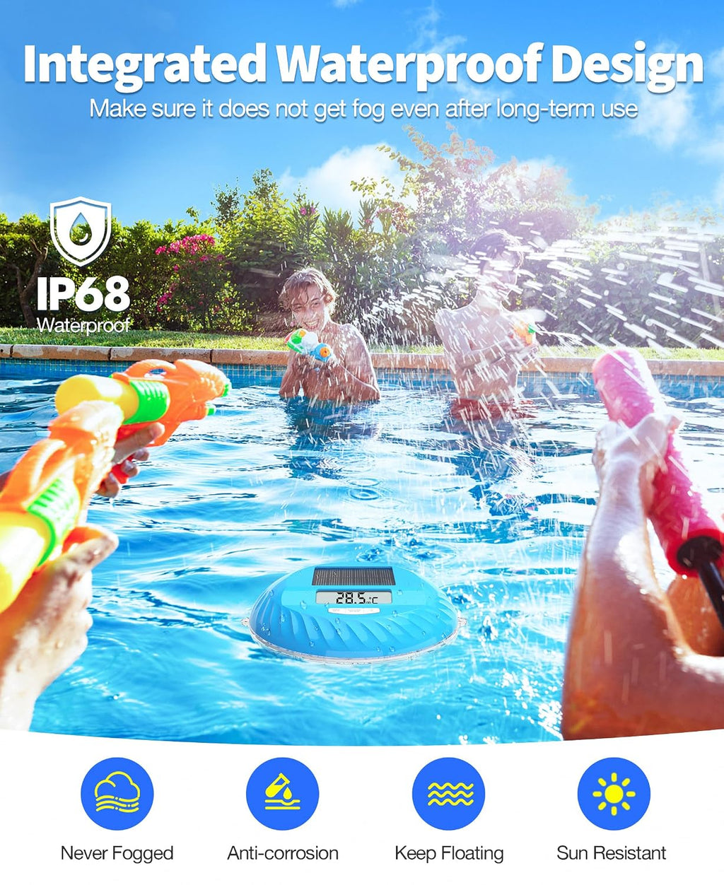 LuxBlue 2‑in‑1 Poolthermometer schwimmend mit Solar-Unterwasserbeleuchtung IP68