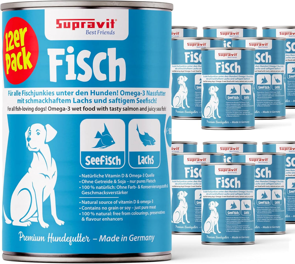 Supravit Hundefutter Nass Fisch & Lachs 12× getreidefrei, verschiedene Sorte
