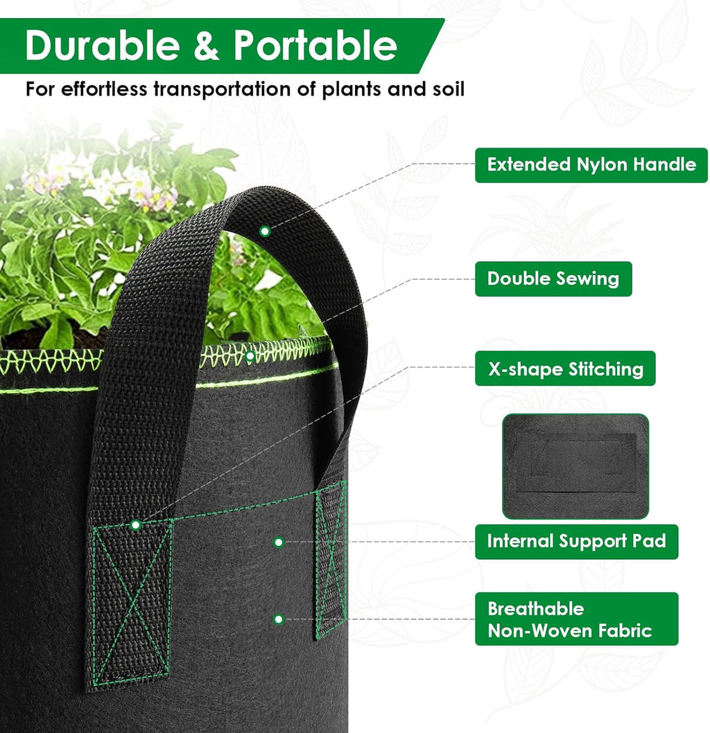 5er Set Stofftopf Vlies Grow Bag mit Griffen + 100×100 cm Pflanzmatte -6
