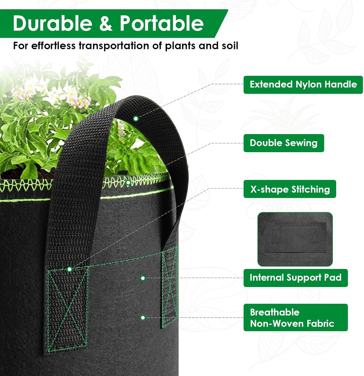 5er Set Stofftopf Vlies Grow Bag mit Griffen + 100×100 cm Pflanzmatte -6