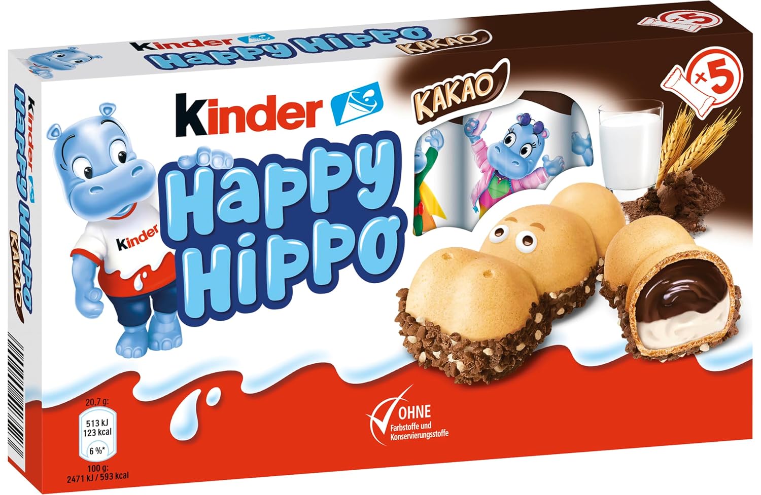 Kinder Happy Hippo Kakao 5er Pack knusprige Waffel mit Milch Kakaocreme