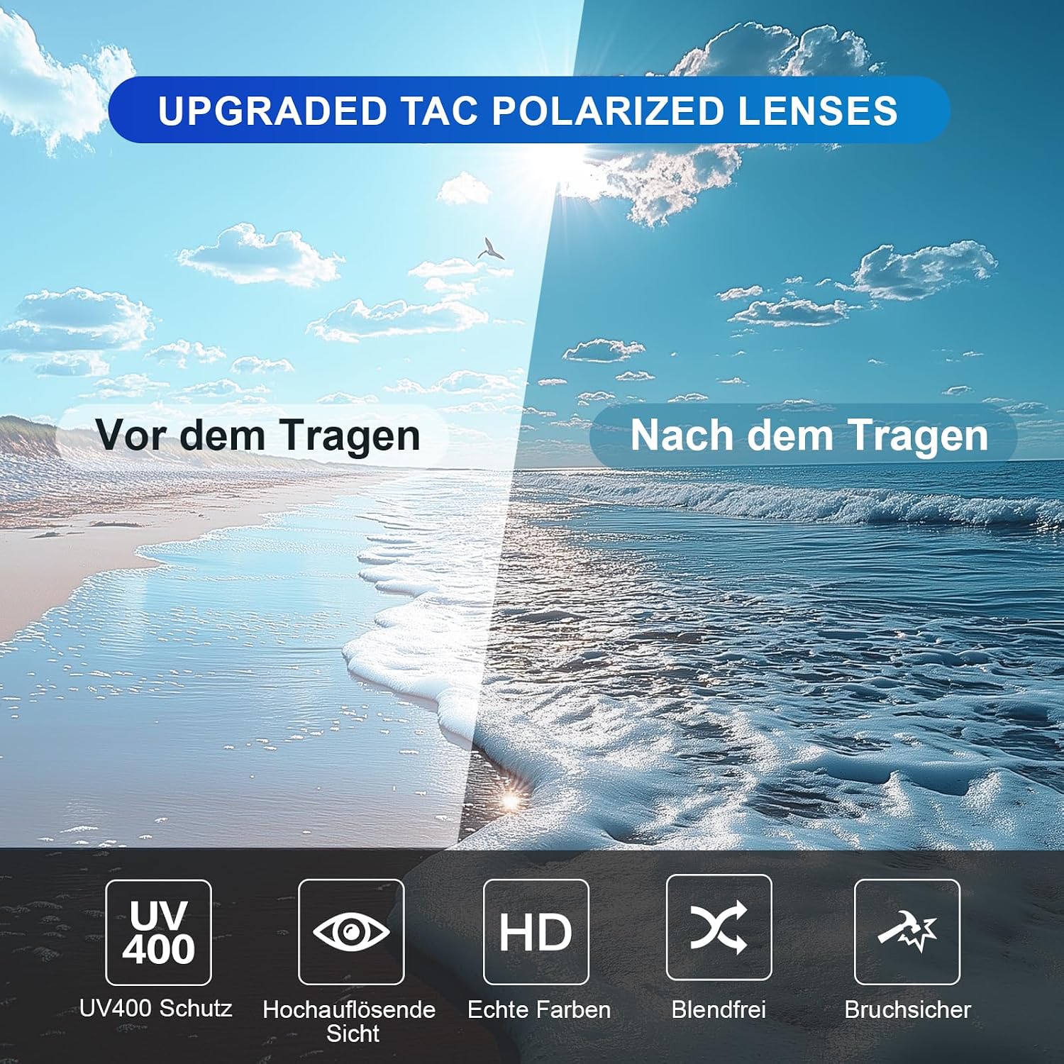 Polarisierte Sonnenbrille Herren Damen rechteckig UV400 Schutz fuer Angeln Fahren