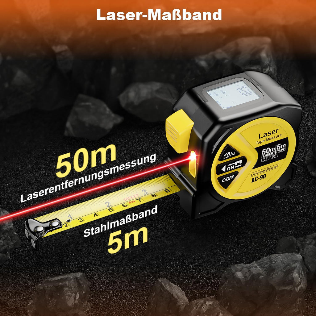 Laser-Entfernungsmesser 50 m mit 5 m Stahlmassband, Flaechen Volumen Pythagoras, L
