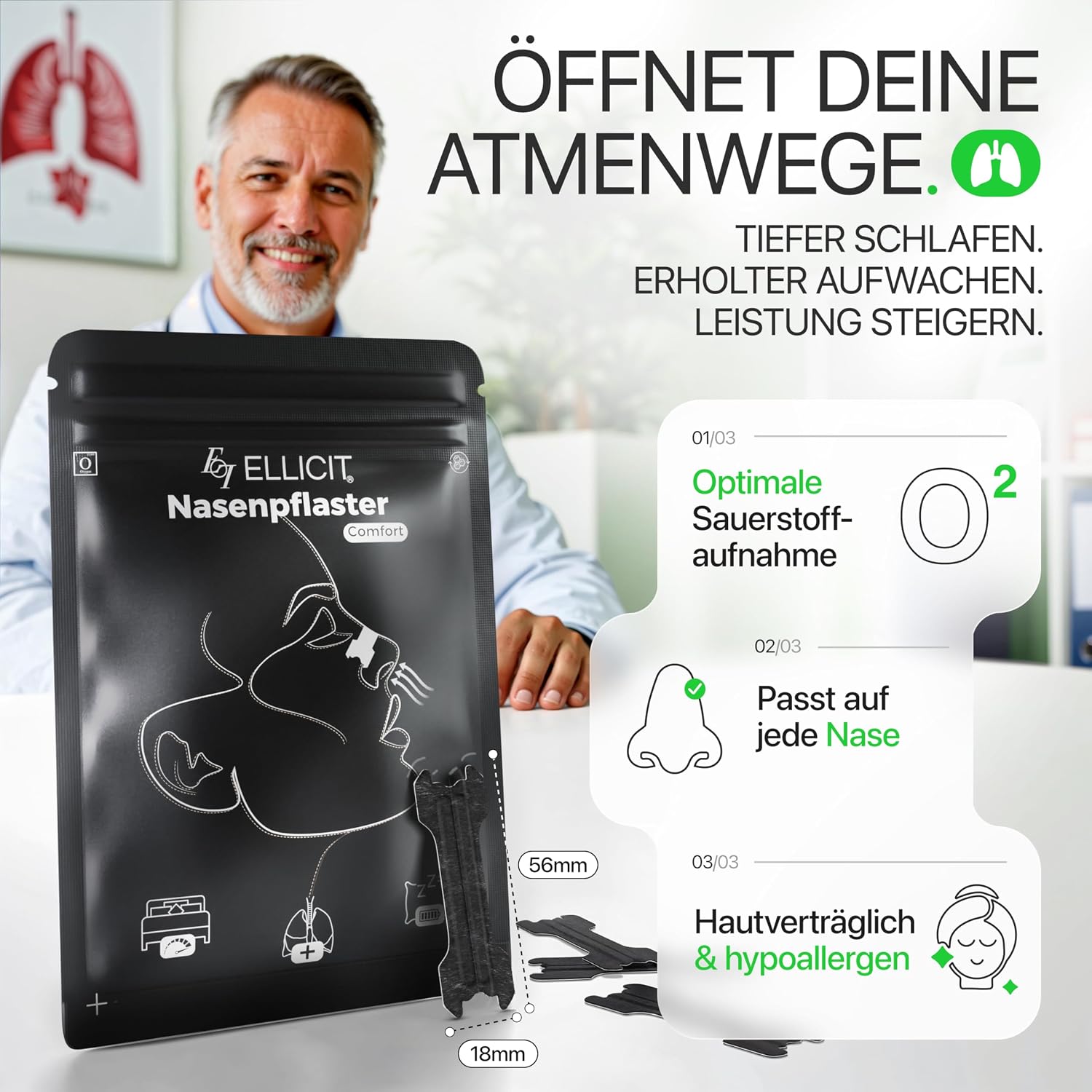 Ellicit Nasenpflaster schwarz 30 St. - Nasenstrips gegen Schnarchen Sport