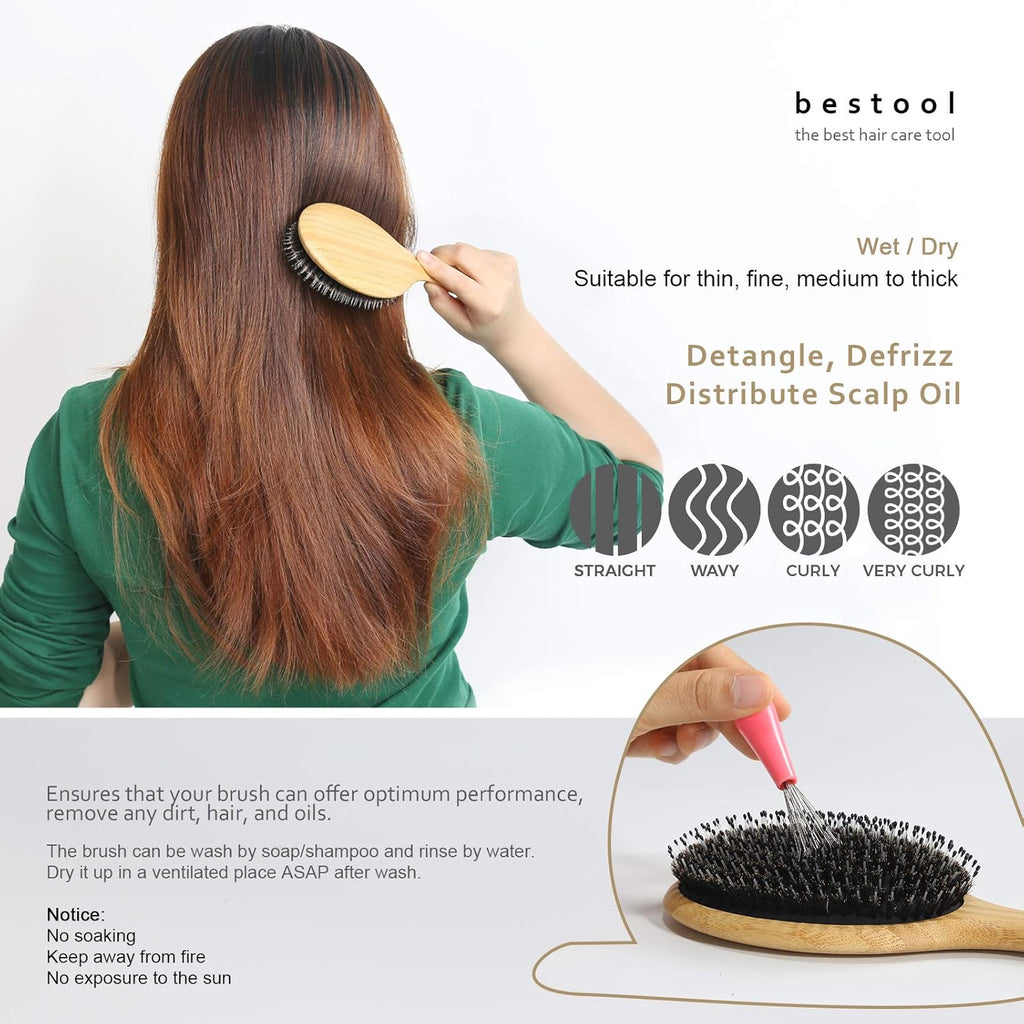BESTOOL Bambus Paddle Haarbuerste mit Wildschweinborsten und Nylon