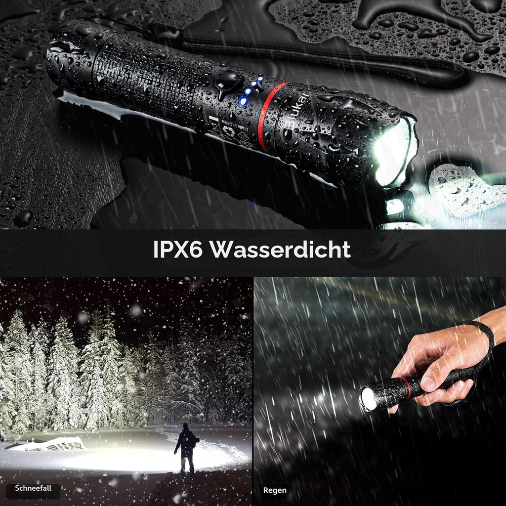 Blukar LED Taschenlampe 2000 lm zoombar, aufladbar, 5 Modi, IPX6