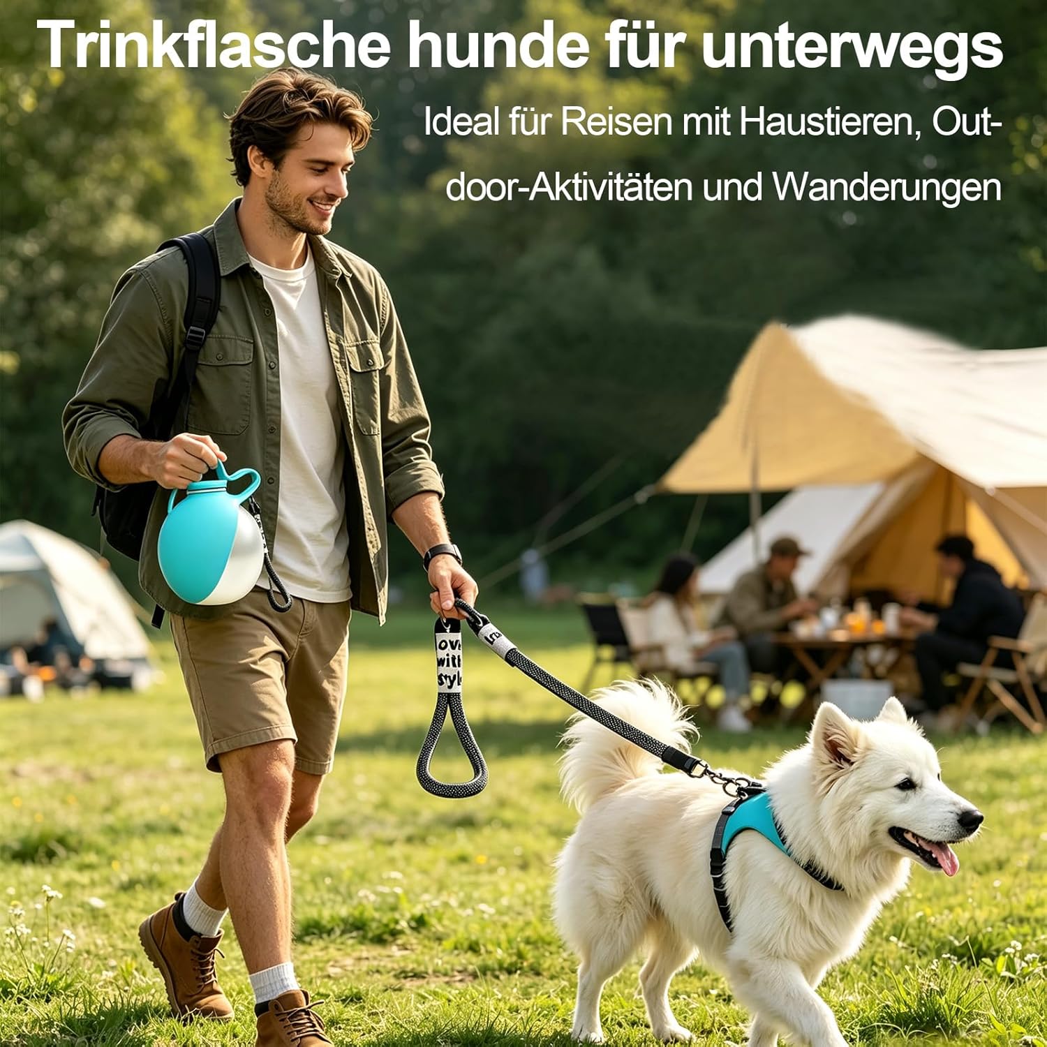 Hunde Trinkflasche 285ml aus Edelstahl mit faltbarem Silikonnapf blau