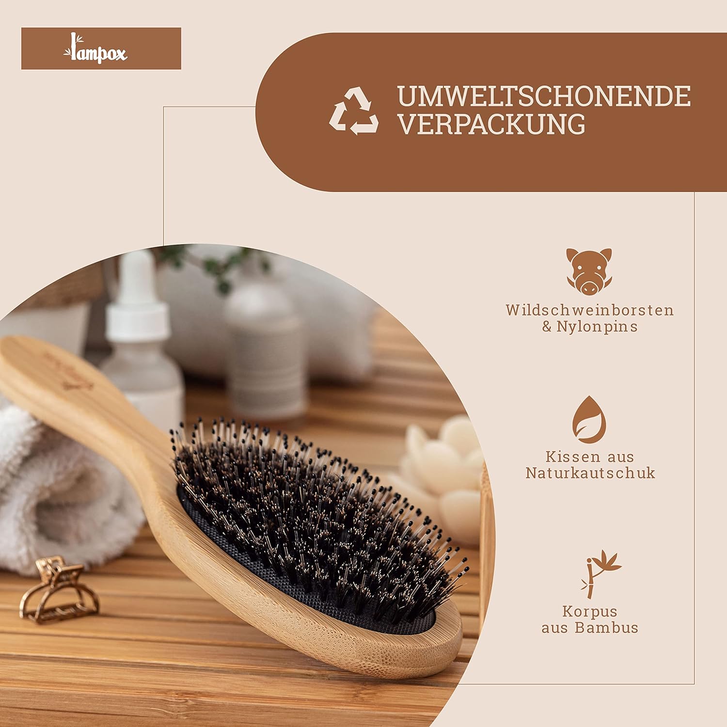Lampox Bambushaarbuerste mit Wildschweinborsten, ovaler Detangler Kopfmasage