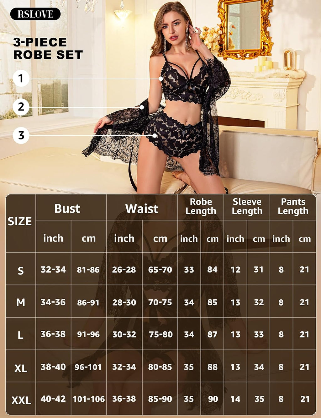 Damen Nachtwaesche Set Spitze Sexy Unterwaesche mit Morgenmantel S-XL
