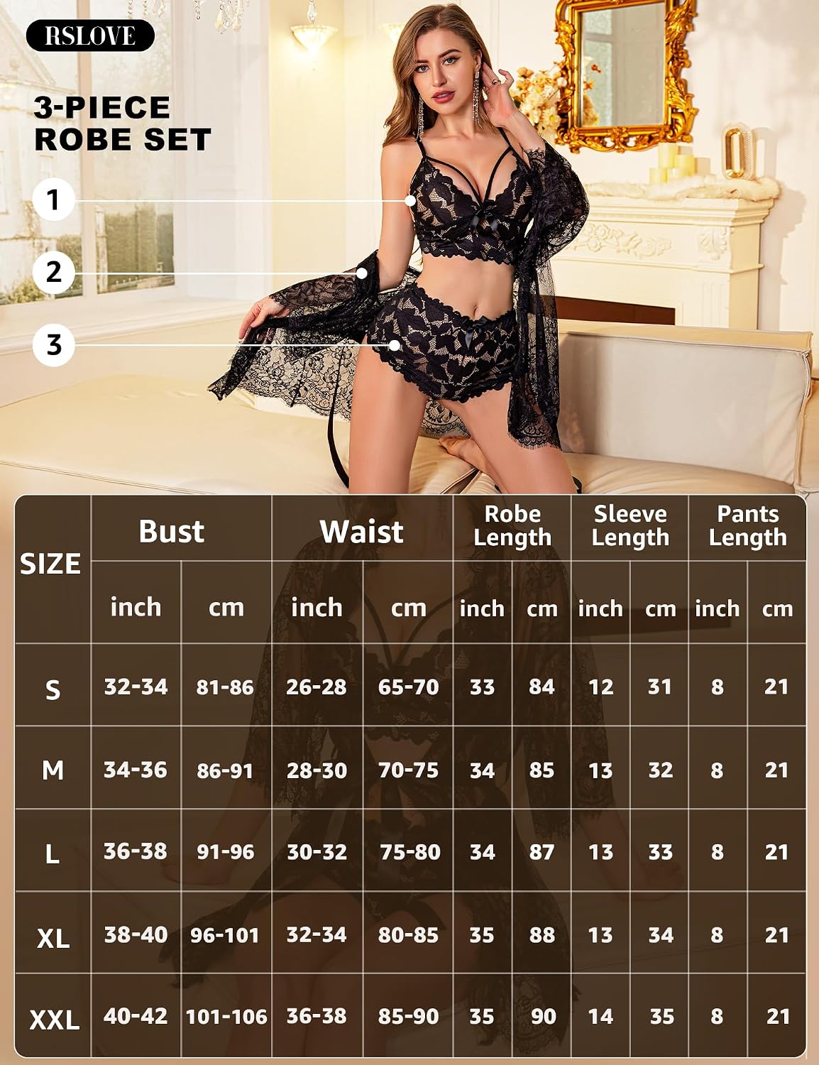 Damen Nachtwaesche Set Spitze Sexy Unterwaesche mit Morgenmantel S-XL