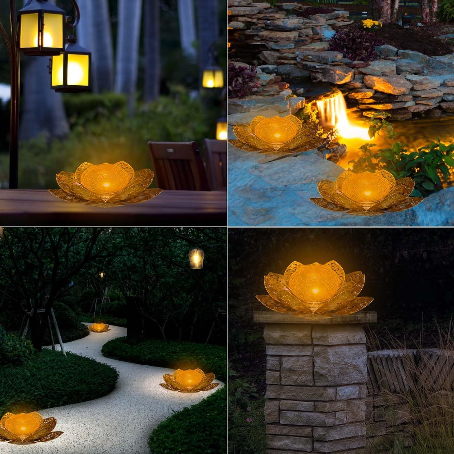 Solarlampe Lotus aus Metall fuer Aussen wasserdicht warmweiss Gartenbeleuchtung