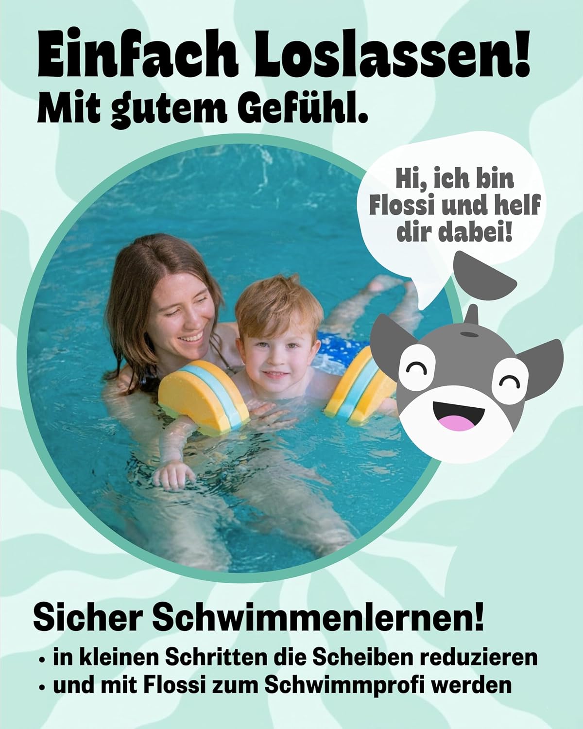 Schwimmlernhilfe Kinder 1-8 Jahre TUeV-geprueft mit Sportbeutel und Abzeichen