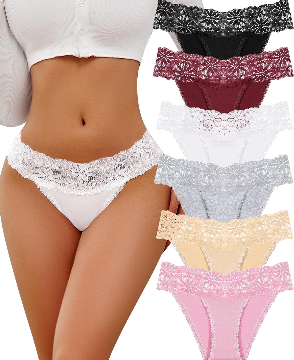 6er Pack Damen Hipster Slips Baumwolle mit Spitze atmungsaktiv S-XL