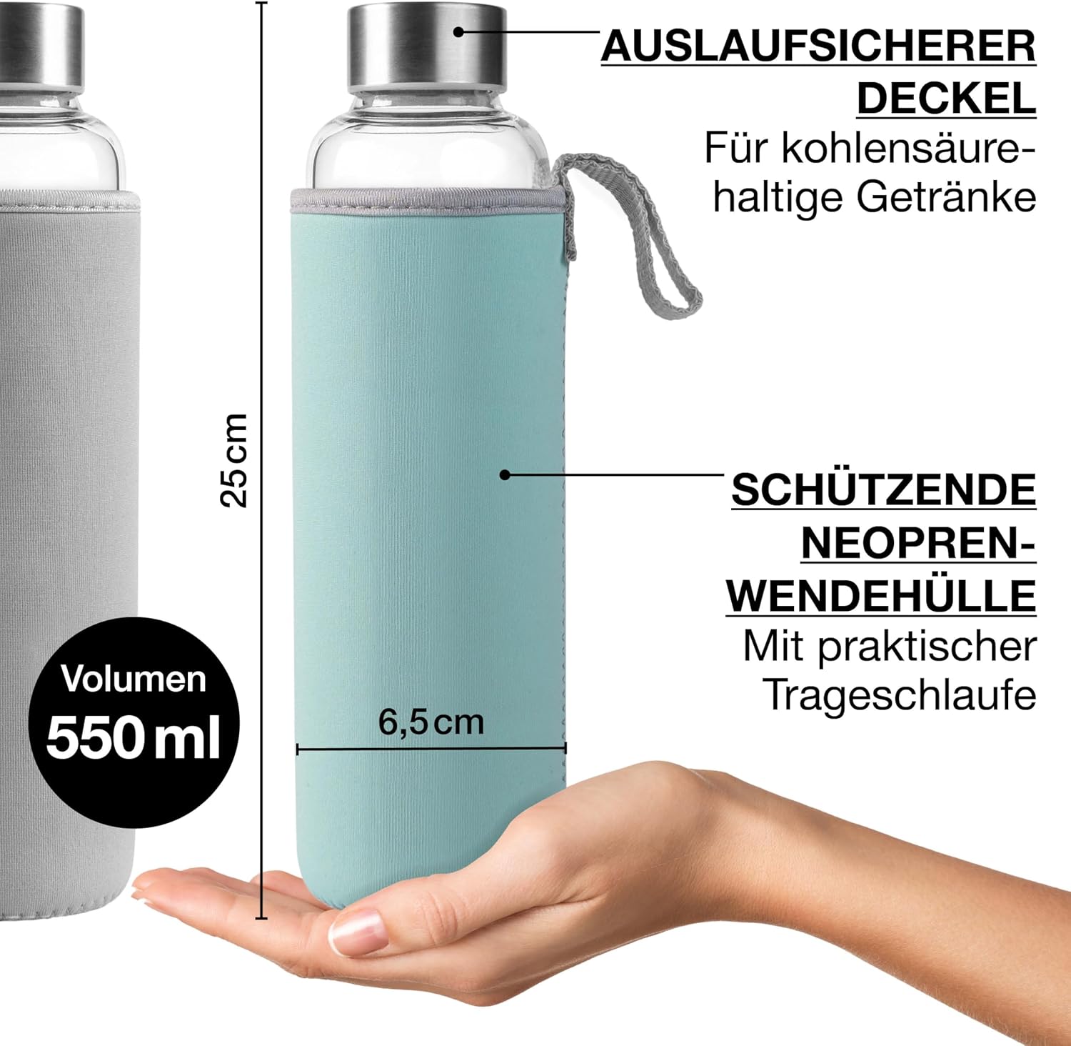 Moritz & Moritz Glas-Trinkflasche auslaufsicher mit Neoprenhuelle
