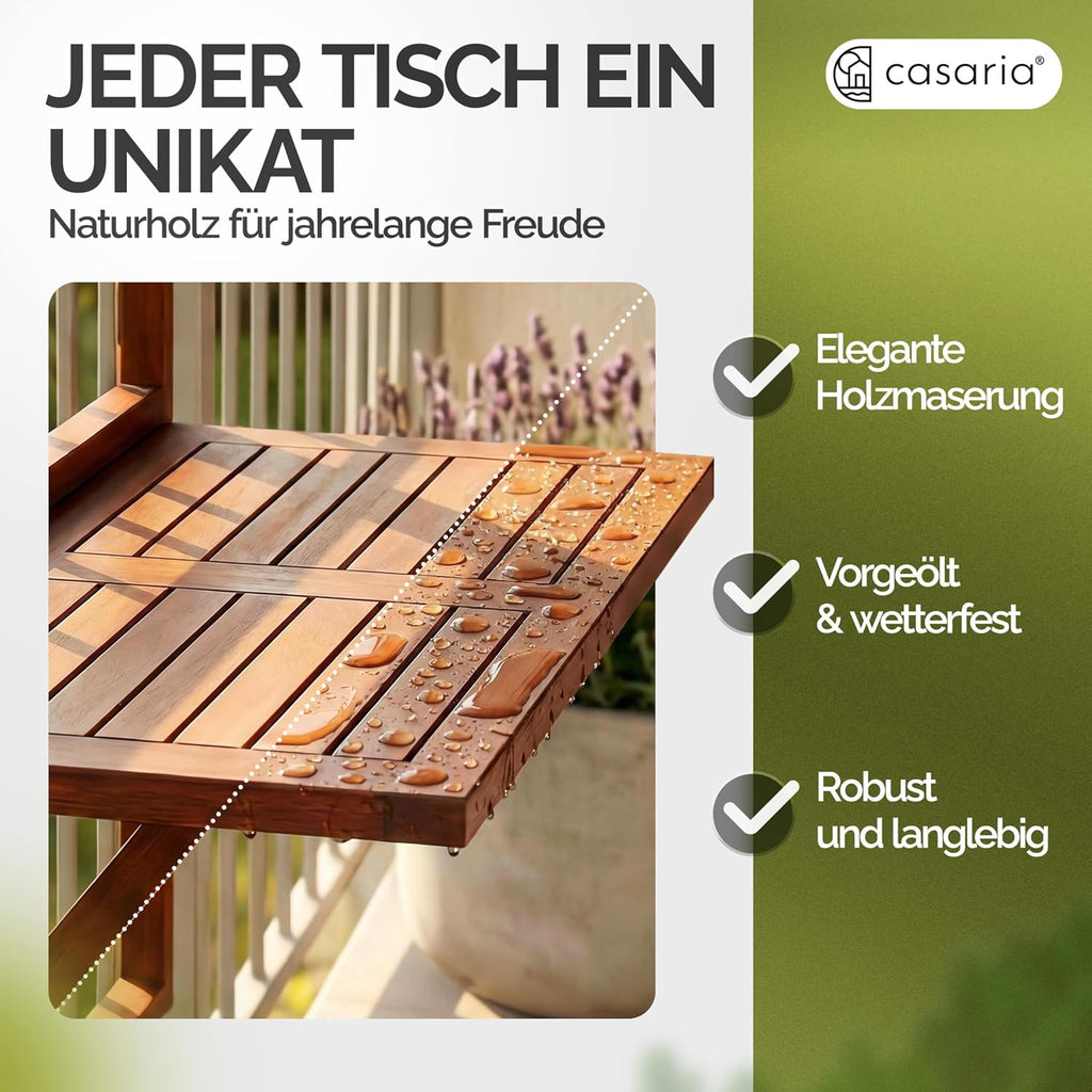 Casaria Balkontisch klappbar Akazie 65x45 cm fuer Gelaender bis 40 kg, wetterfest