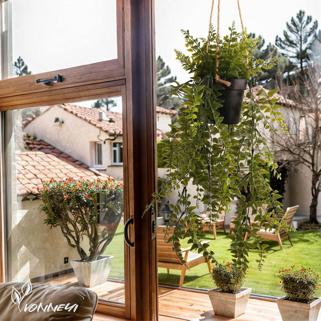 YVONNEYI 3er Set kuenstliche Haengepflanzen im schwarzen Topf 50 cm fuer Balkon Woh