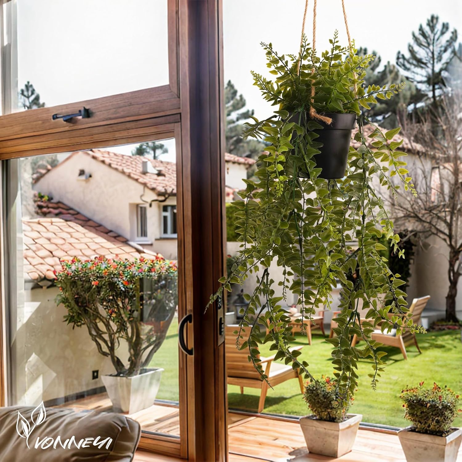 YVONNEYI 3er Set kuenstliche Haengepflanzen im schwarzen Topf 50 cm fuer Balkon Woh