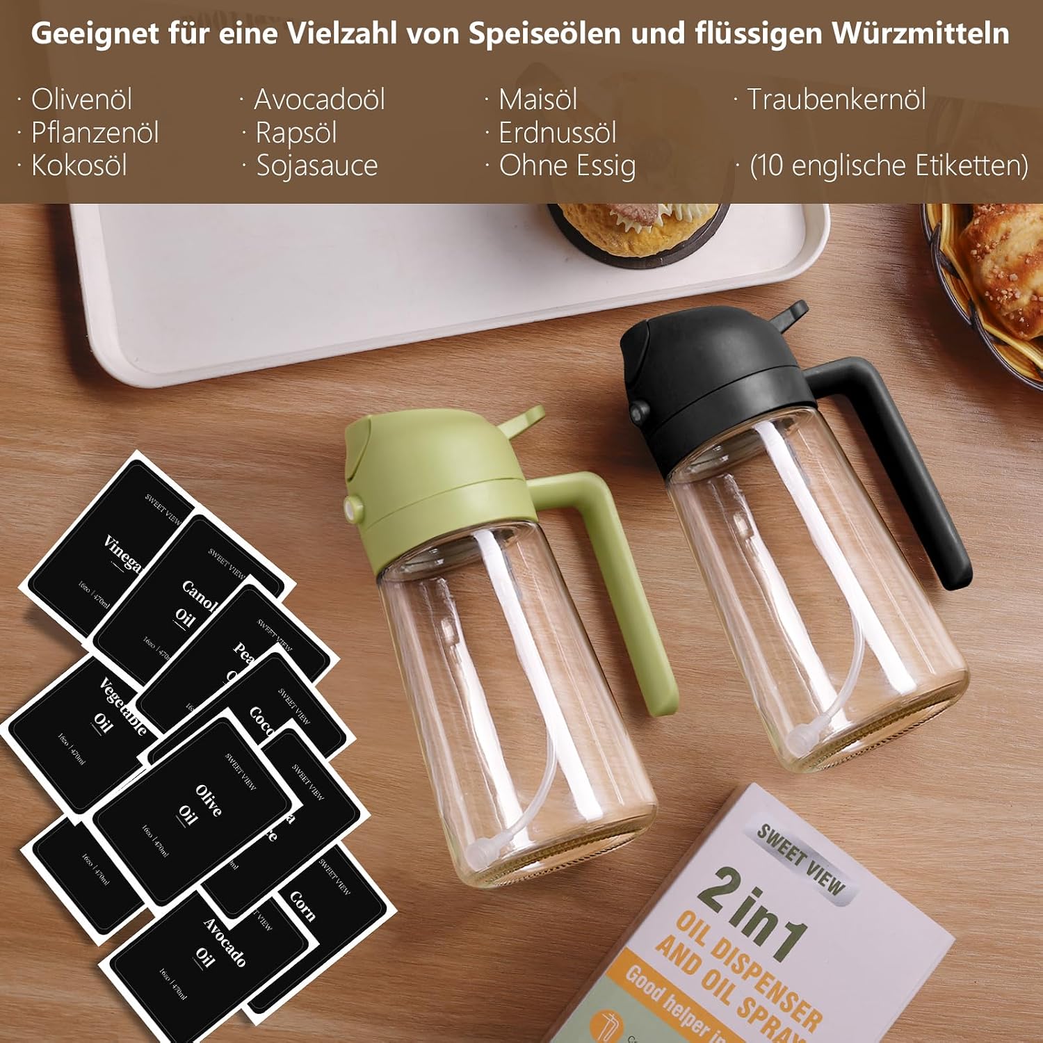 2in1 Oelsprueher Glas 470 ml schwarz fuer Kochen Grill Heissluftfritteuse