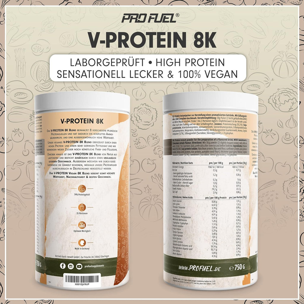 V-Protein 8K Blend Vegan Protein Zimt Flakes 79% Eiweiss, verschiedene Sorten