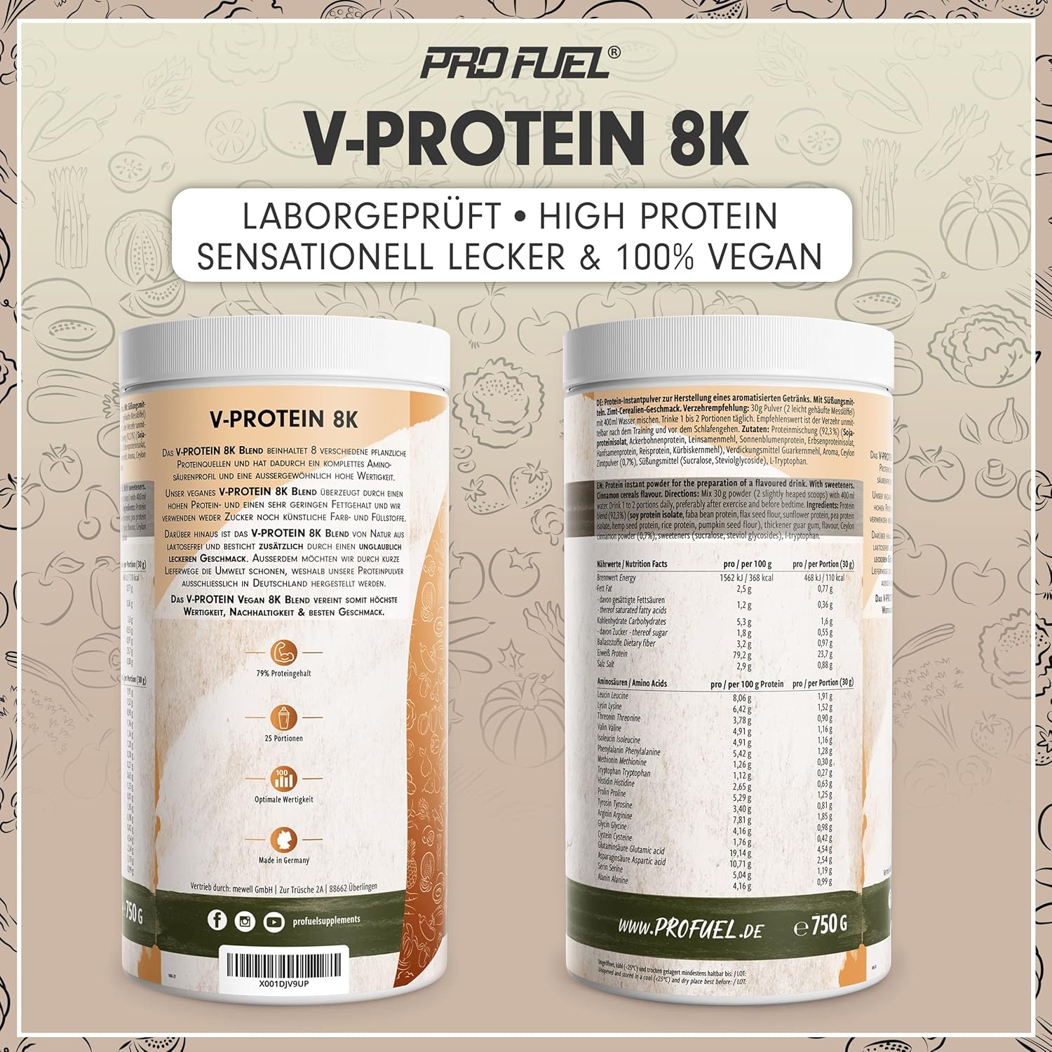 V-Protein 8K Blend Vegan Protein Zimt Flakes 79% Eiweiss, verschiedene Sorten