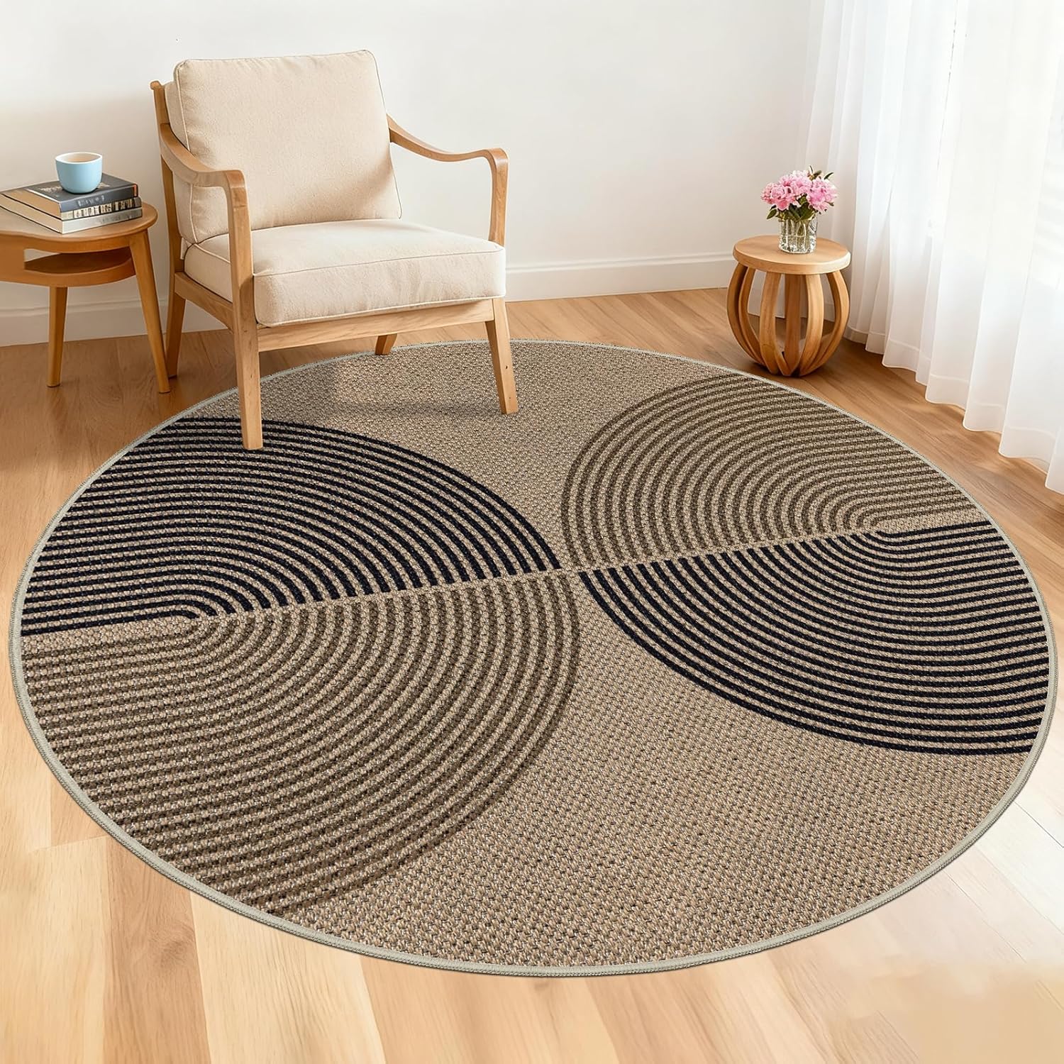 Capslpad Rundteppich Juteoptik 120cm-230cm wetterfest waschbar Schwarz