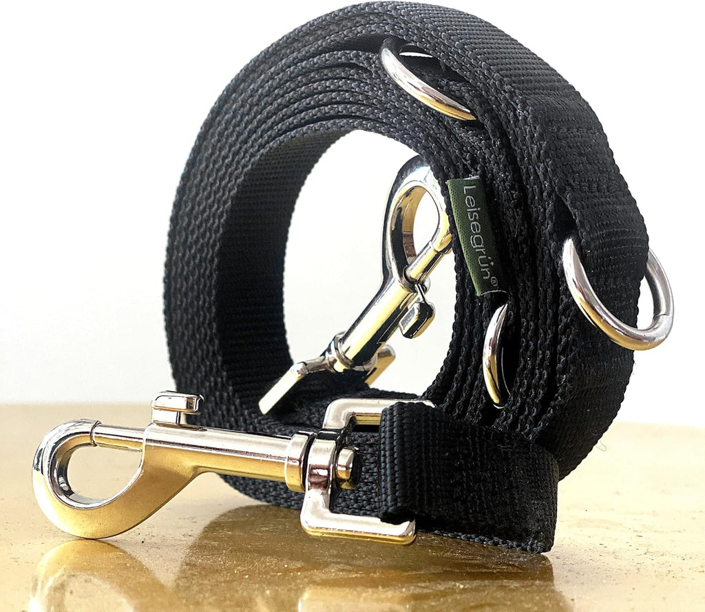 Leisegruen Hundeleine Nylon verstellbar 3m-10m mit 2 Karabinern Schwarz