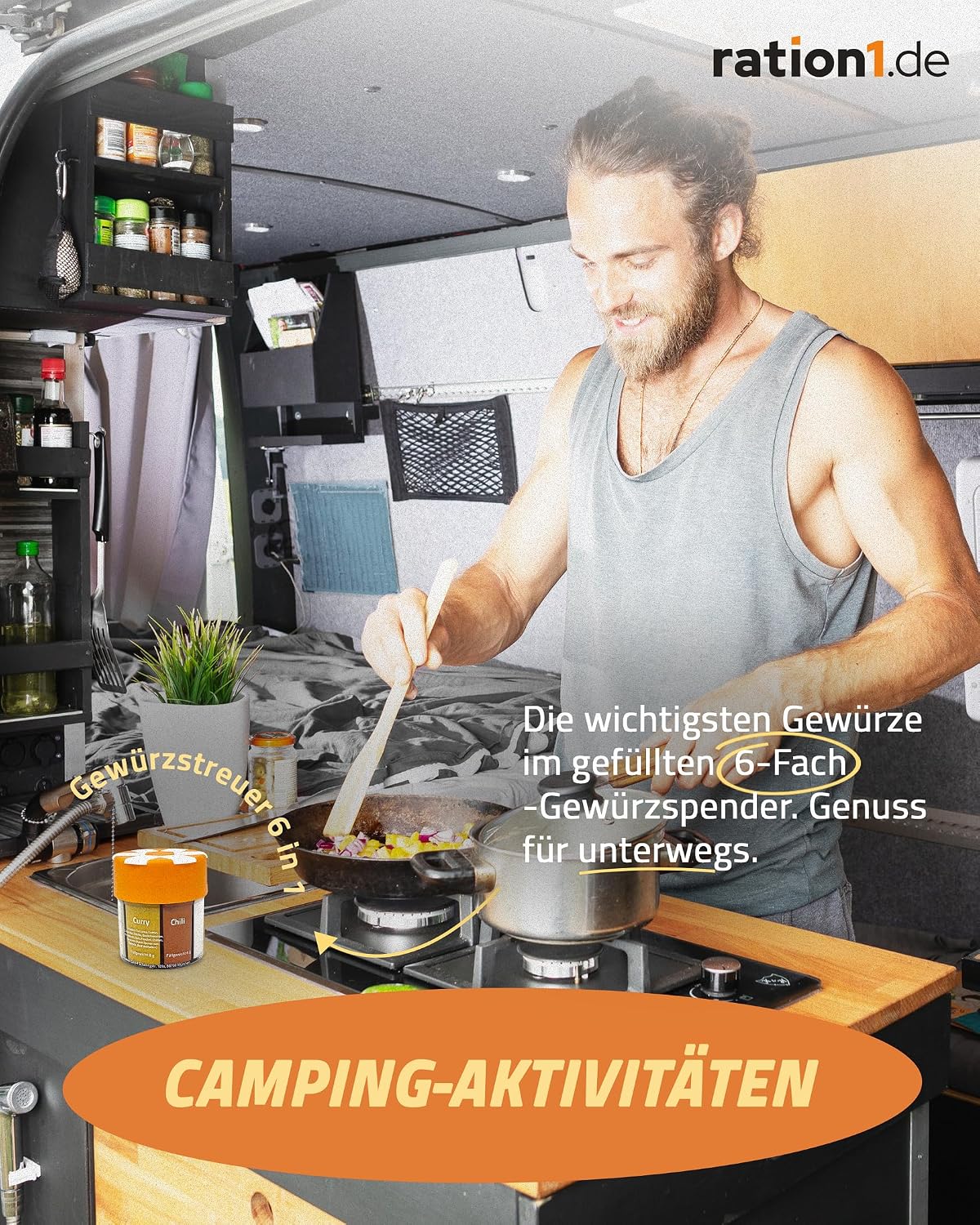 ration1 Gewuerzstreuer 6-in-1 Set XXL fuer Camping Wandern Gewuerz-Organizer