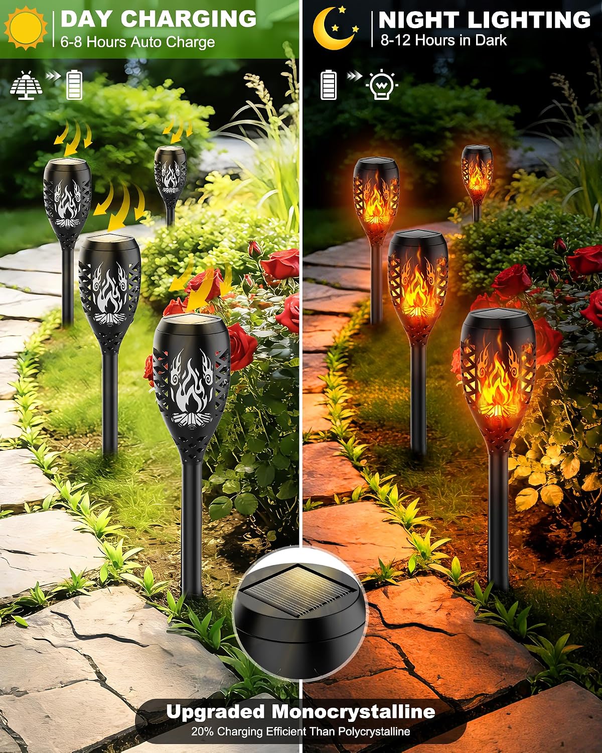 6er Set Solar-Gartenfackeln Streichholz-Design IP65 wasserdicht Wegbeleuchtung