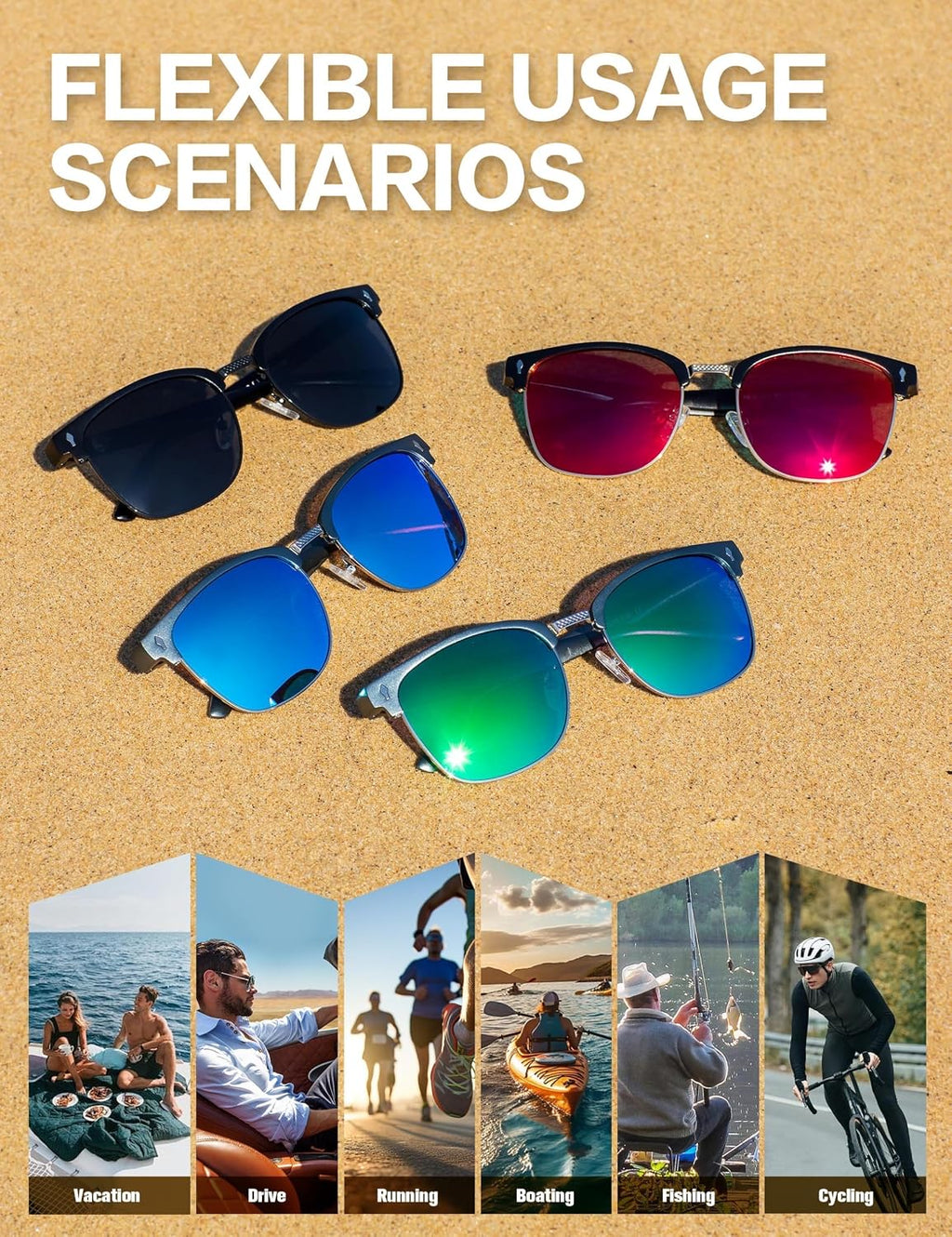 Polarisiert Sonnenbrille Herren UV400 Retro Halbrahmen Fahren Angeln Reisen