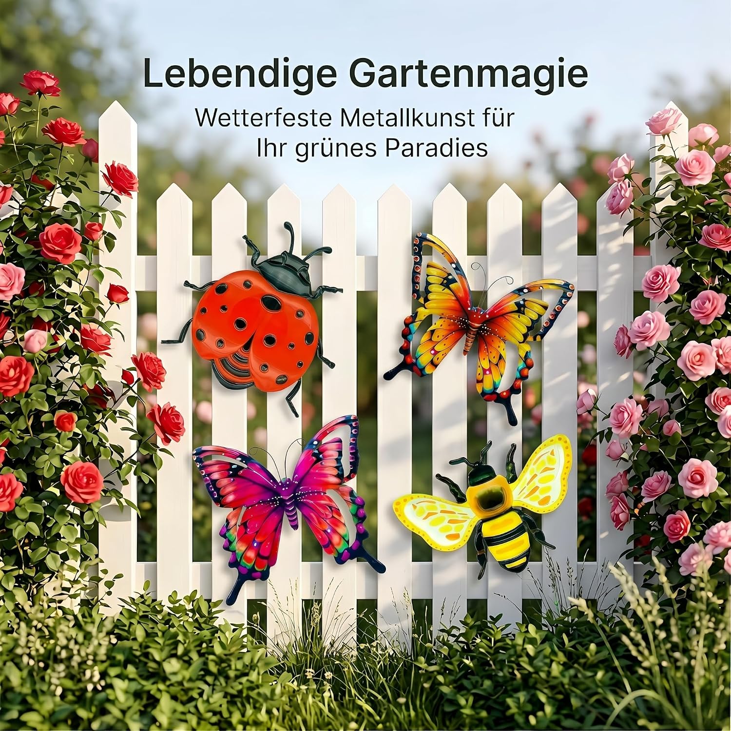 4er-Set Metall Gartenornamente Schmetterling Blumen Wanddeko aussen