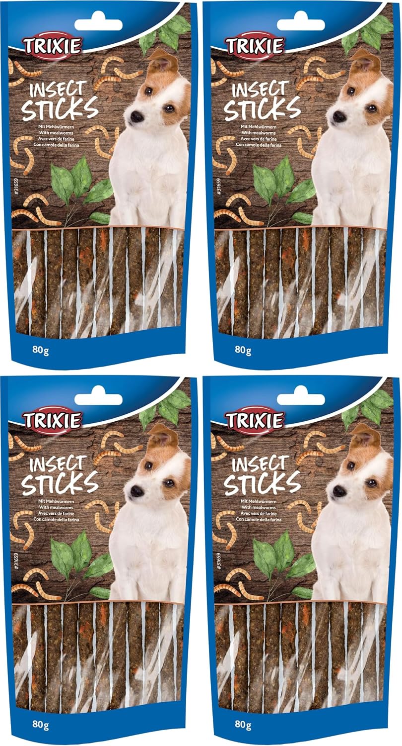 Trixie Hundeleckerli Insekten Snack Sticks mit Mehlwuermern 80g Packung mit 4