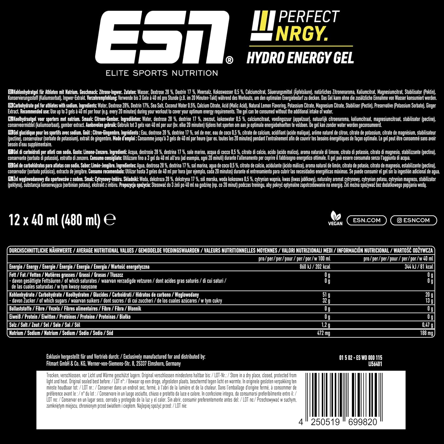 ESN Perfect NRGY 12 x Energiegels verschiedene Sorten Kohlenhydratgel