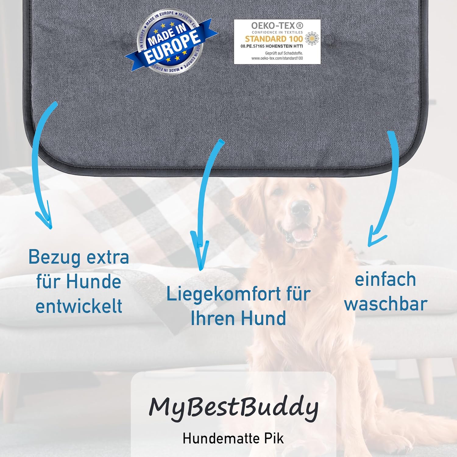 Hundekissen 70x50 cm M grau, allergikerfreundlich, rutschfest, 40°C waschbar
