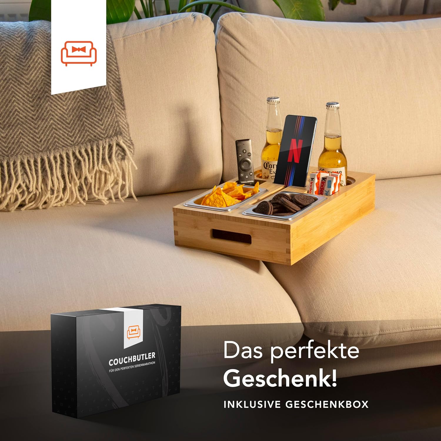 Couchbar Bambus Snackbox mit 2 Schalen, 2 Getraenkehaltern, Handyhalter Schwarz