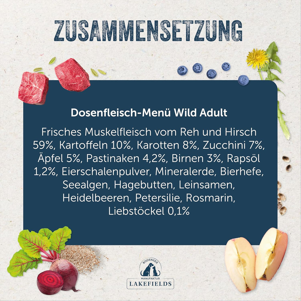 Lakefields Hundefutter Nass Wild 59% 6x400g getreidefrei schonend gegart -80