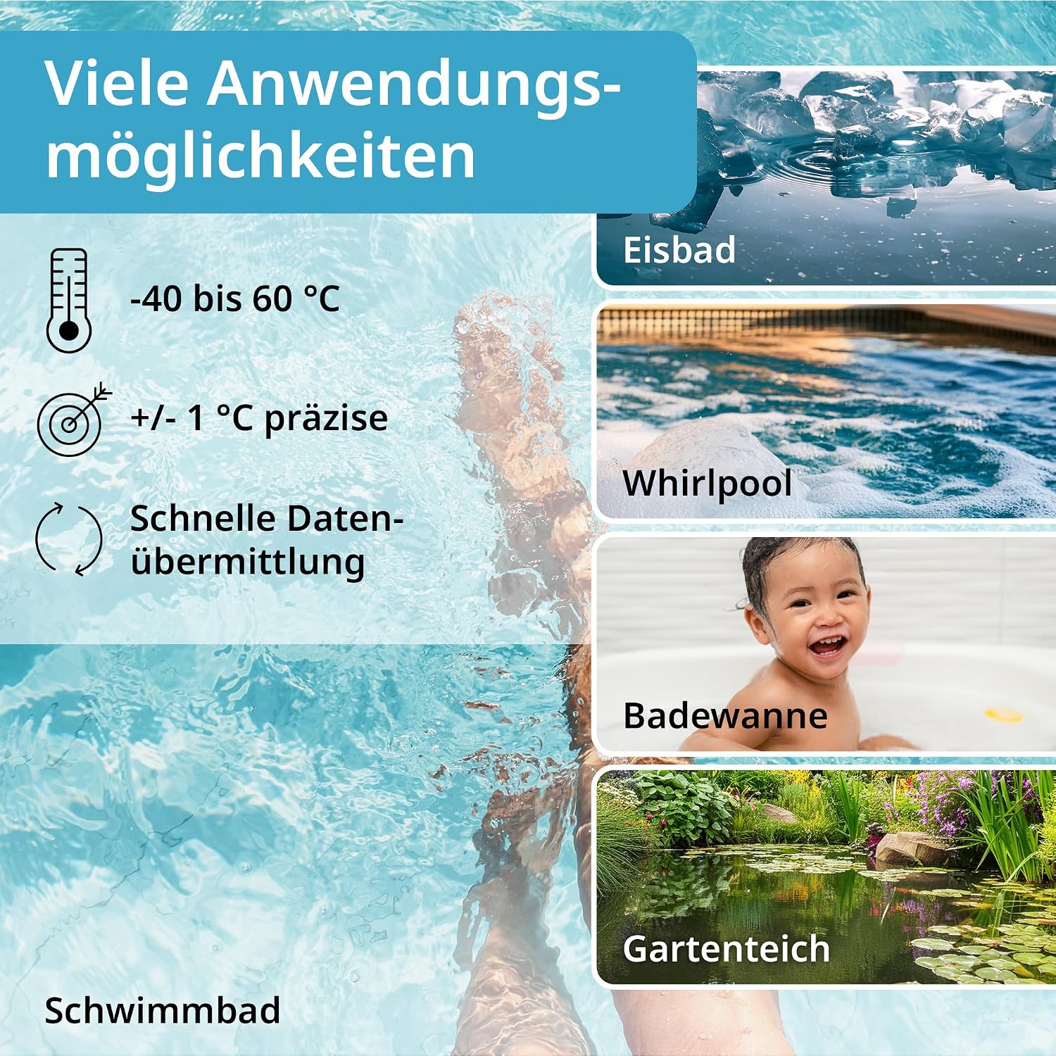 ADE schwimmendes Poolthermometer mit Aussensensor fuer Pool Whirlpool Teich