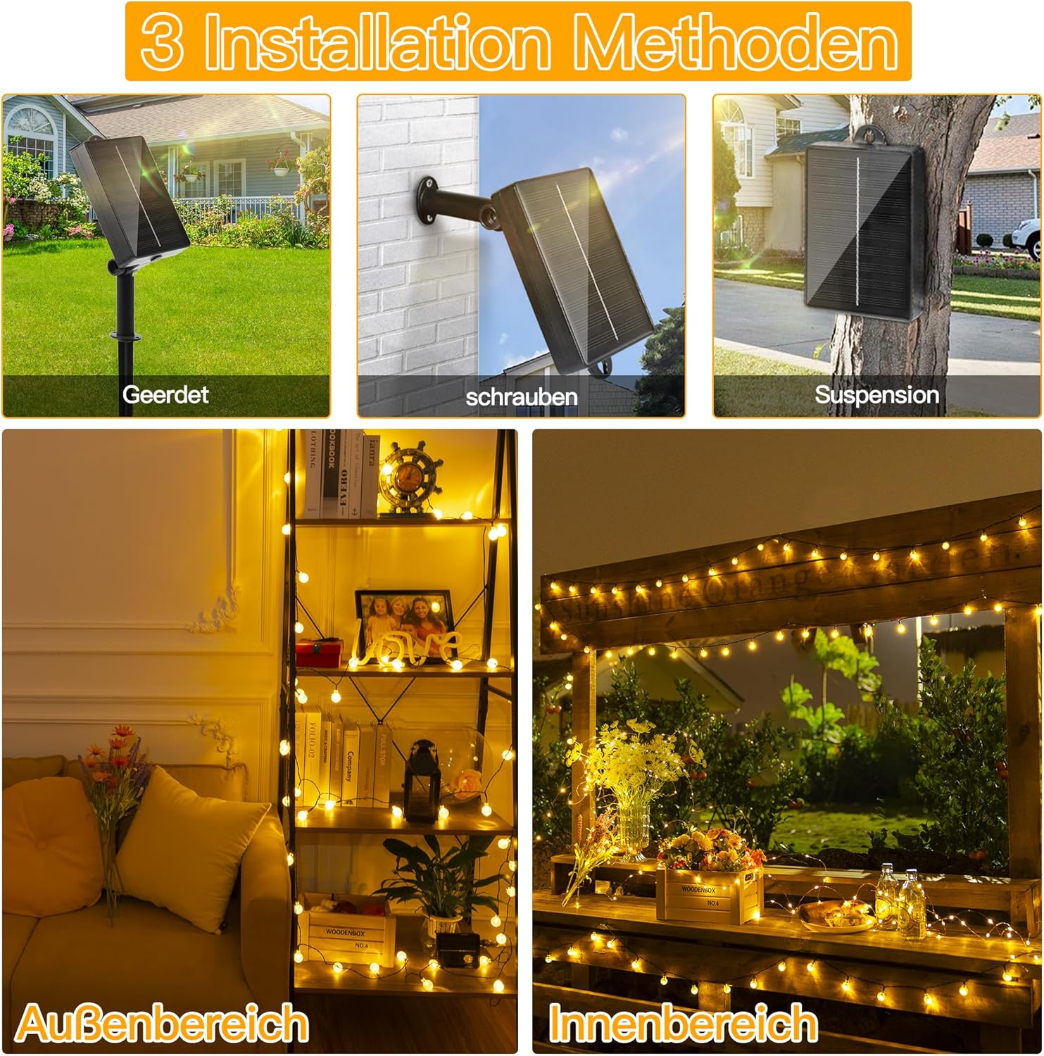 Ollny Solar Lichterkette Aussen 5 m 30 LED IP65 warmweiss 8 Modi fuer Garten